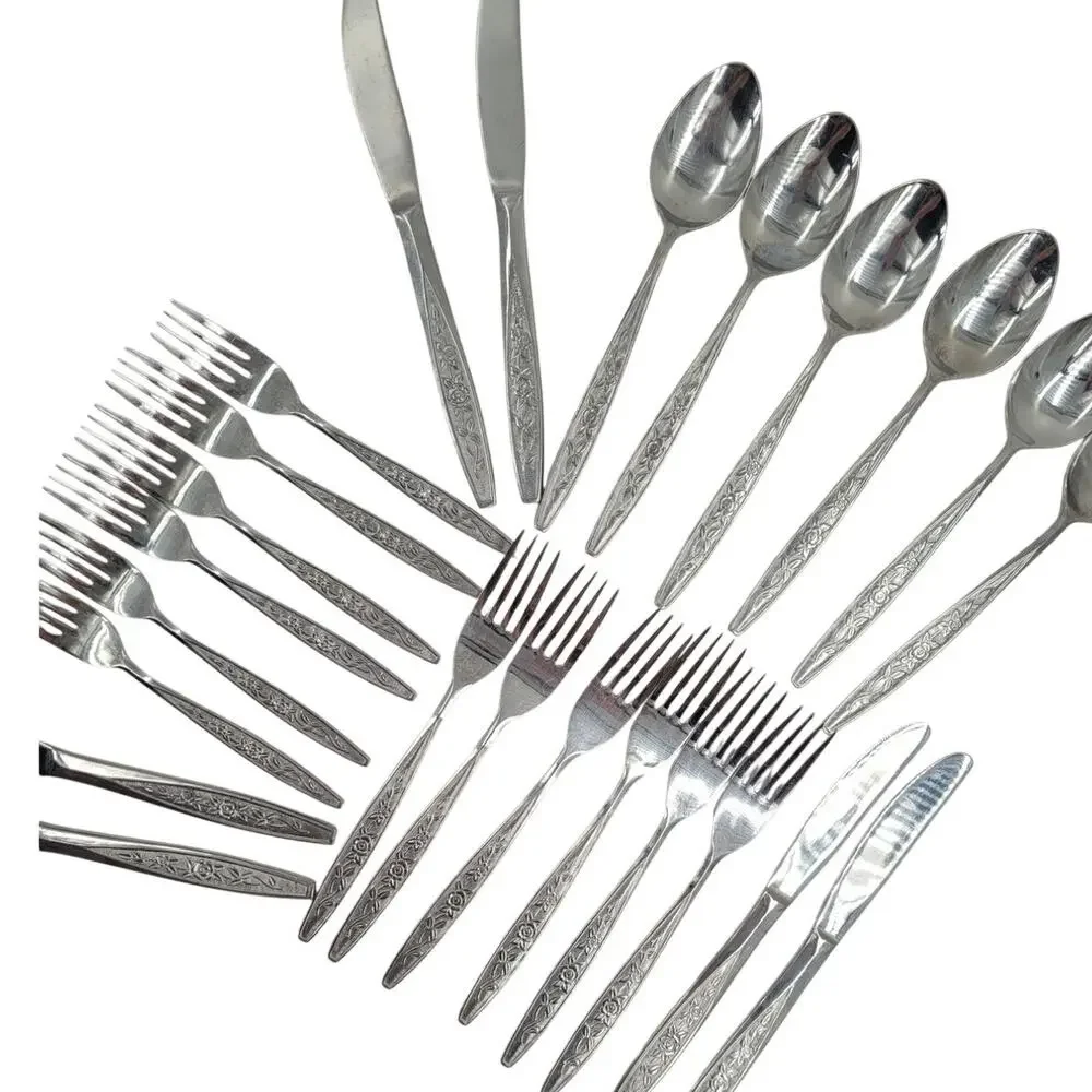 Eldan ELD18 Stainless Flatware Set Japan Roses Textured 24 Pc Tableware